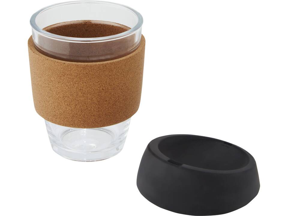 Lidan 360 ml borosilicate glass tumbler with cork grip and silicone lid 24