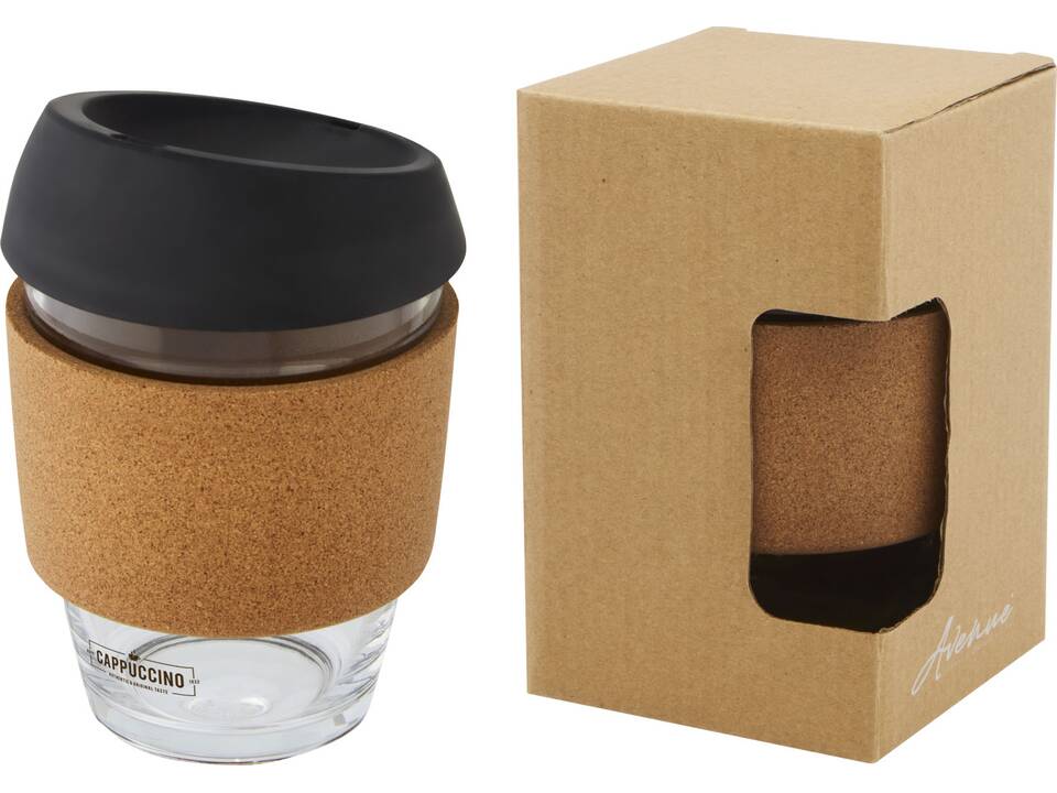 Lidan 360 ml borosilicate glass tumbler with cork grip and silicone lid 18