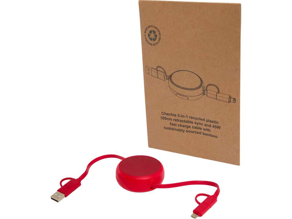 Alasia 5-in-1 100 cm recycled plastic and aluminium retractable data sync and 45W fast charge cable