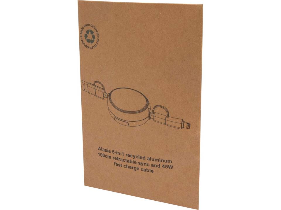 Alasia 5-in-1 100 cm recycled plastic and aluminium retractable data sync and 45W fast charge cable 2