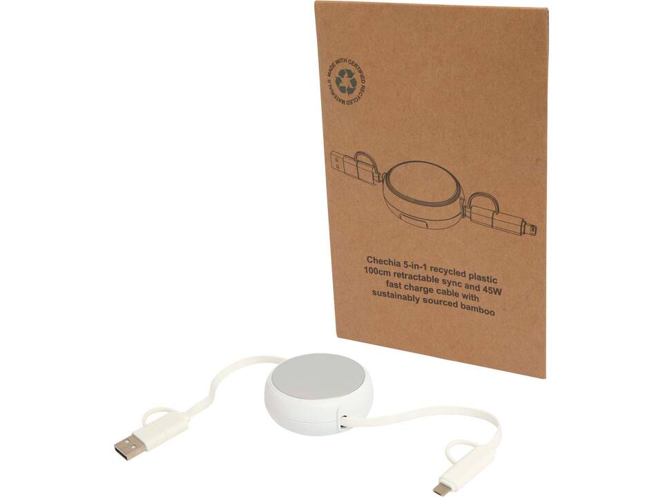 Alasia 5-in-1 100 cm recycled plastic and aluminium retractable data sync and 45W fast charge cable 15
