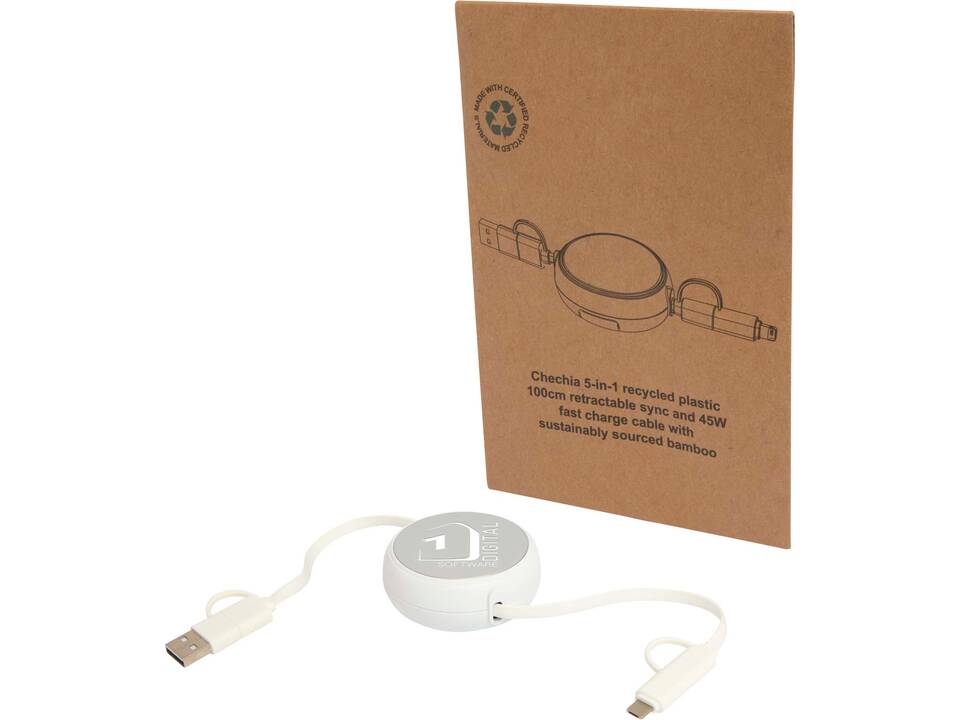 Alasia 5-in-1 100 cm recycled plastic and aluminium retractable data sync and 45W fast charge cable 16