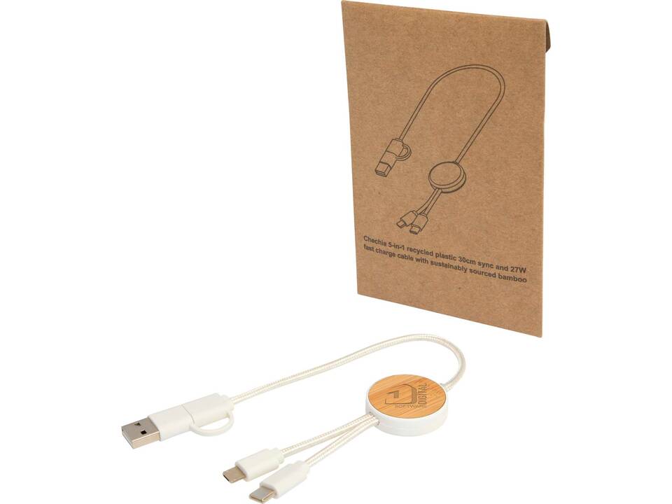 Chechia 5-in-1 recycled plastic 30 cm data sync and 27W fast charge cable with bamboo details 1