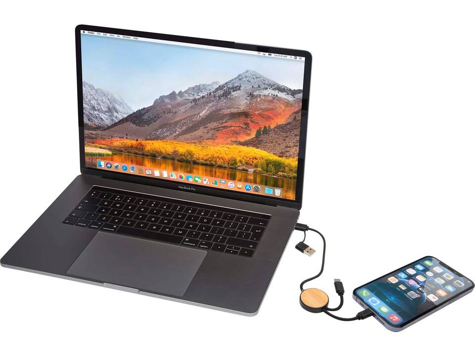 Chechia 5-in-1 recycled plastic 30 cm data sync and 27W fast charge cable with bamboo details 14