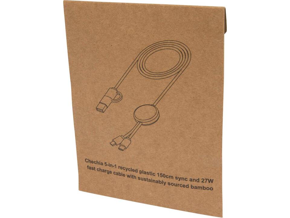 Chechia 5-in-1 recycled plastic 150 cm data sync and 27W fast charge cable with bamboo details 1