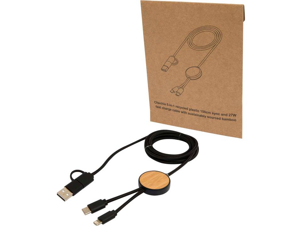 Chechia 5-in-1 recycled plastic 150 cm data sync and 27W fast charge cable with bamboo details 7