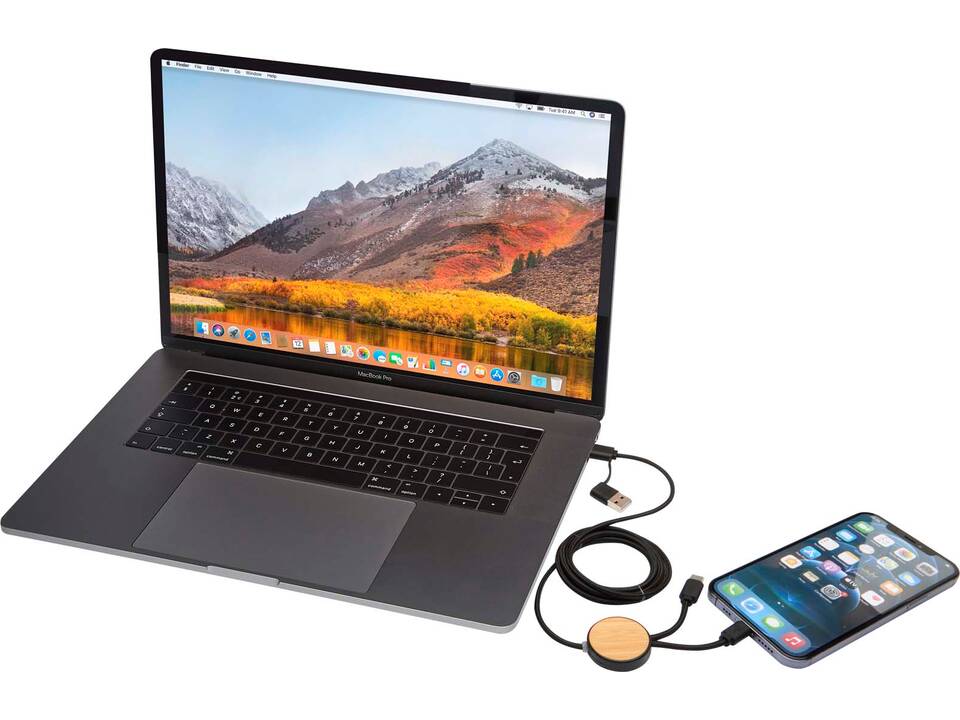 Chechia 5-in-1 recycled plastic 150 cm data sync and 27W fast charge cable with bamboo details 12