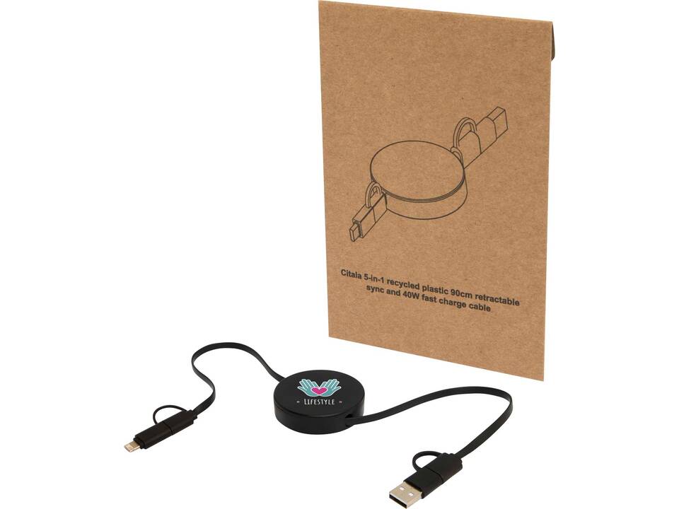 Citala 5-in-1 recycled plastic 90 cm retractable data sync and 40W fast charge cable 9