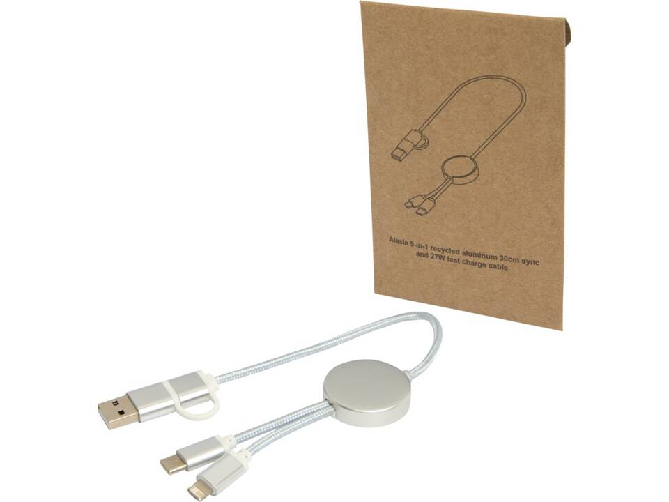 Alasia 5-in-1 recycled aluminium and plastic 30 cm data sync and 27W fast charge cable