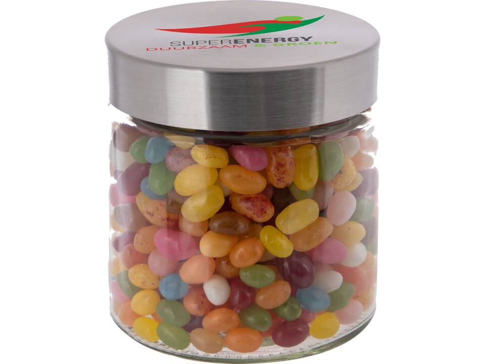 Glazen pot 0,9 liter gevuld met Jelly Beans bedrukken