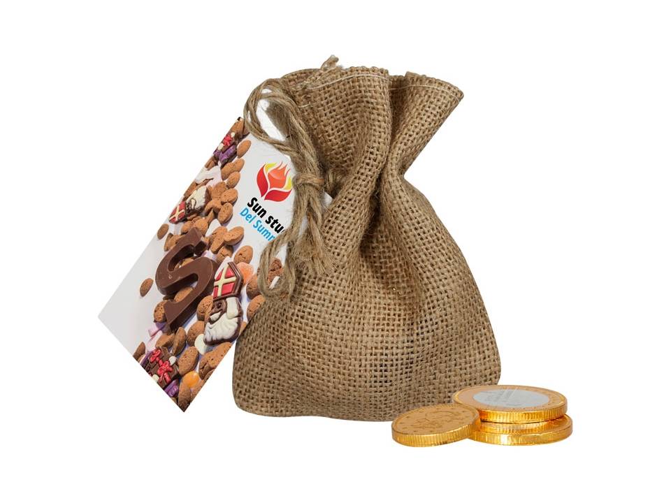 Jute zakje chocolade munten bedrukken