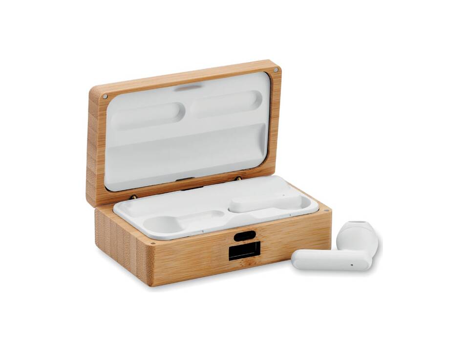 TWS earbuds in bamboo case 1