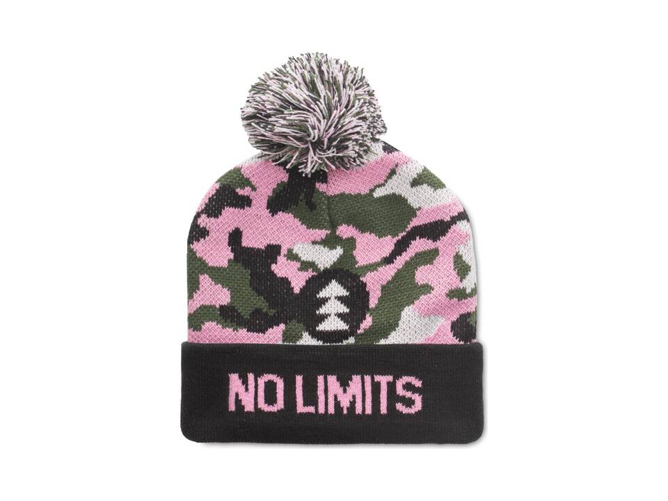 Custom-made jacquard acrylic beanie with cuff and pompom – fully custom design 2