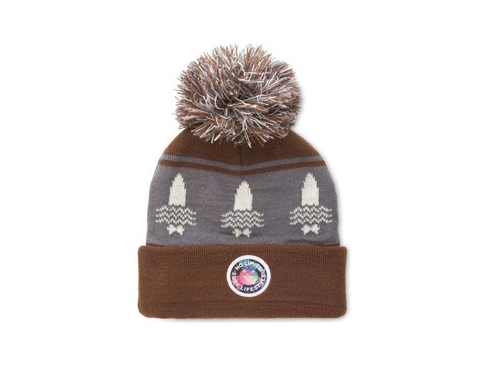 Custom-made jacquard acrylic beanie with cuff and pompom – fully custom design 7