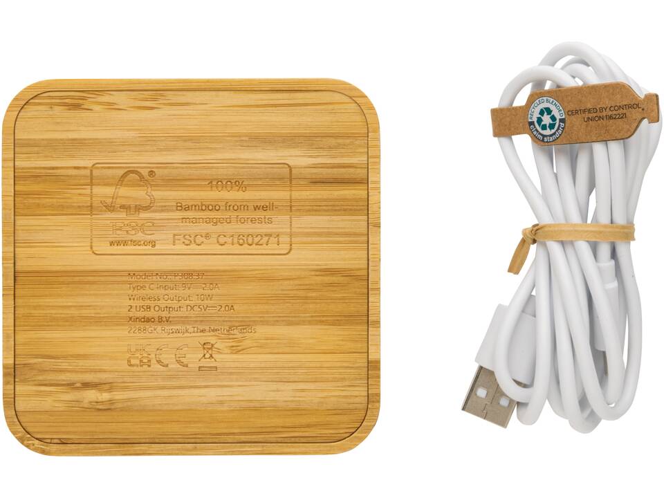 FSC® bamboo 10W wireless charger with USB 3