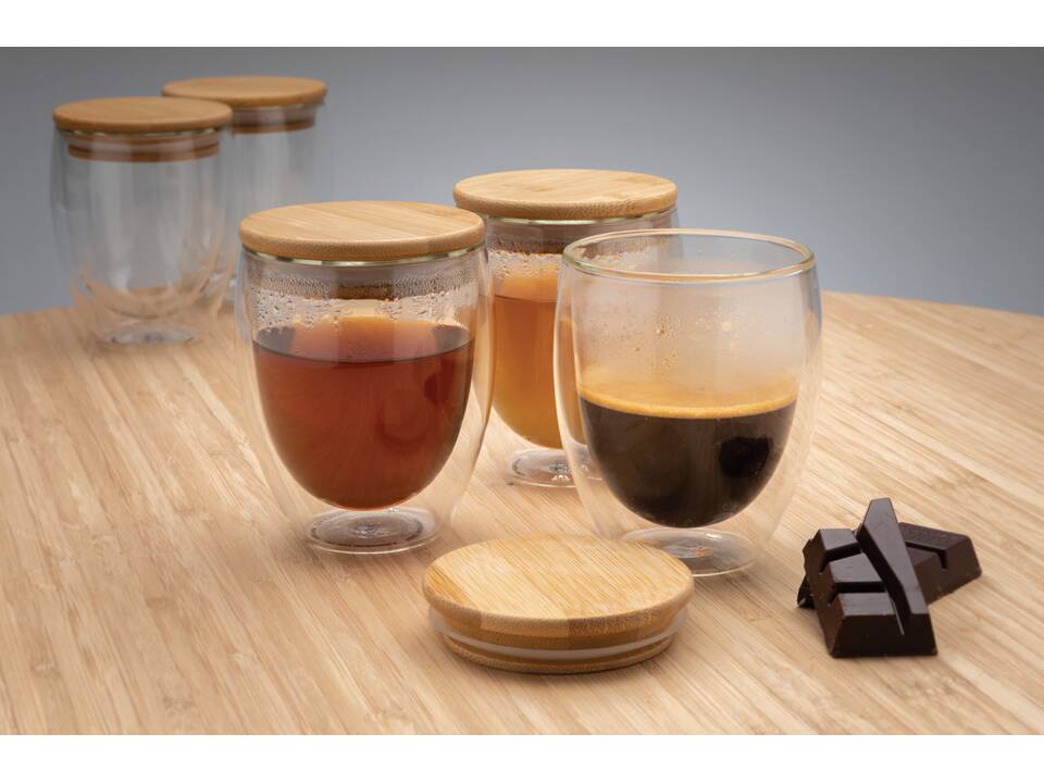 Double wall borosilicate glass with bamboo lid 250ml 2pc set 12