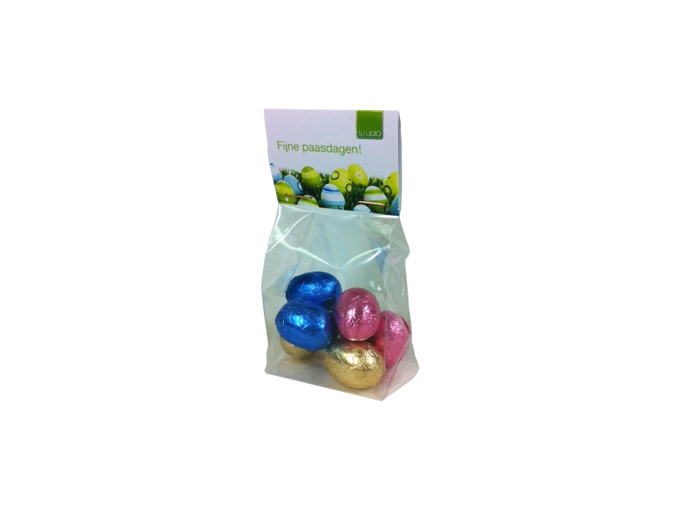 Small bag with cup card filled with chocolate eggs 1