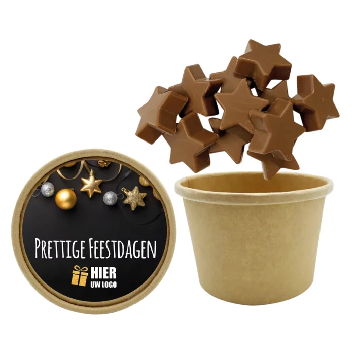 Bio Snoepbeker met Melkchocolade Sterretjes – 150 gram, inclusief dekselsticker bedrukken