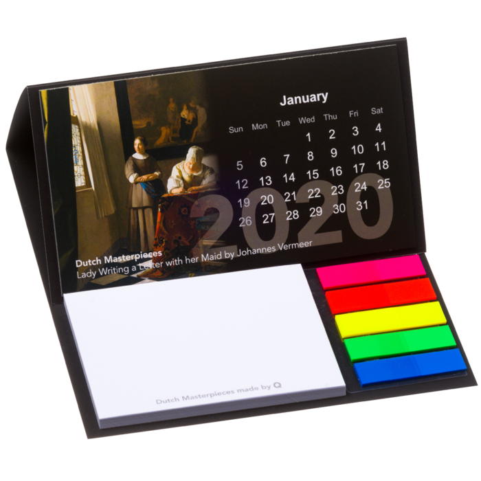 Bureau kalender 2021. met sticky notes en pagemarkers