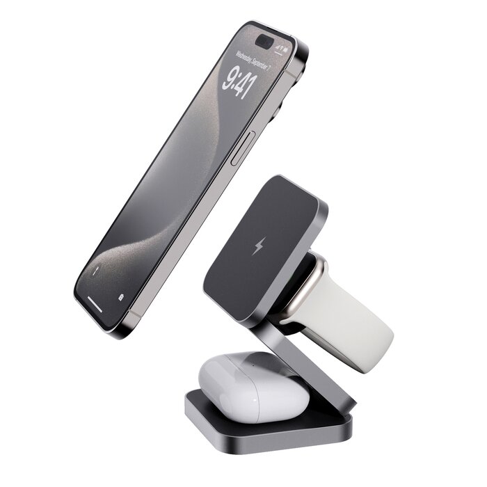 Terra RCS gerecycled aluminium opvouwbare 3 in 1 15W oplader 1