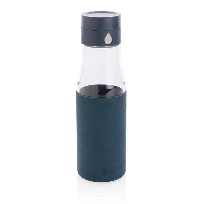 Ukiyo glazen hydratatie-trackingfles met sleeve -blauw