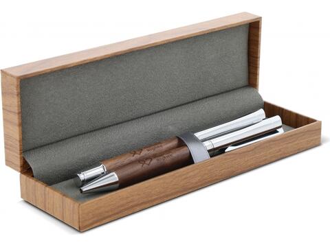 Metal ball pen and rollerball set walnut wood in gift box