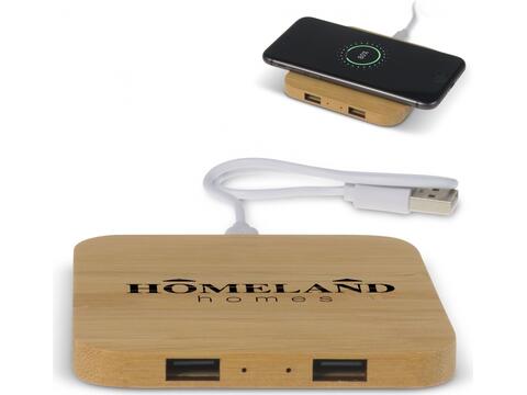 Wireless charger bamboo with 2 USB HUBS 5W