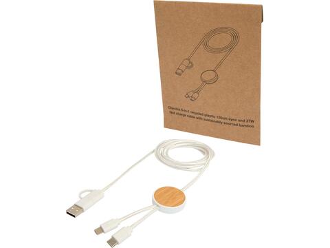 Chechia 5-in-1 recycled plastic 150 cm data sync and 27W fast charge cable with bamboo details