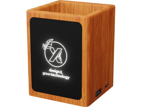 SCX.design O12 wooden light-up logo pencil holder with dual USB output