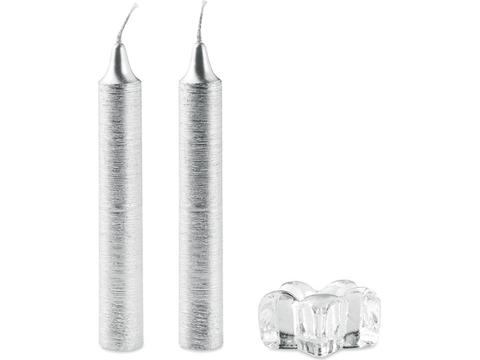 2 silver candles with glass holder