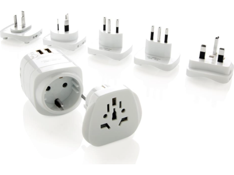 Earthed world travel adapter set with USB ports