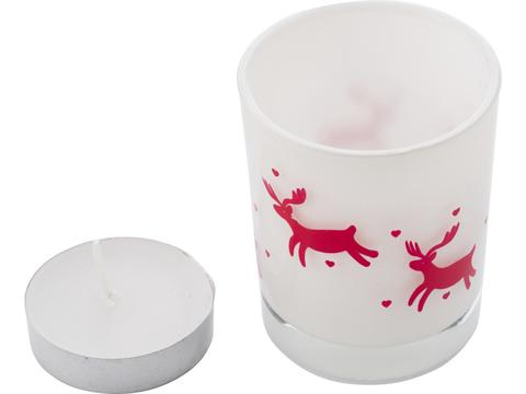 Glass candle holder with Christmas decorations