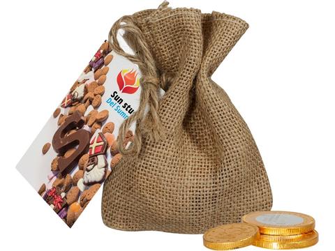 Jute zakje chocolade munten bedrukken