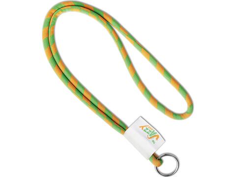 Custom-made polyester lanyard with two-color cord and full-color or woven label – fully custom design