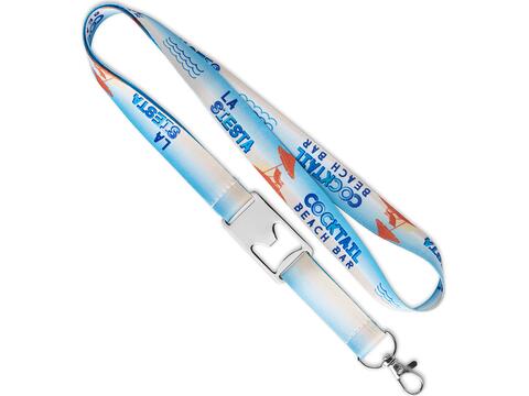 Custom-made polyester sublimation lanyard with integrated bottle opener – fully custom design