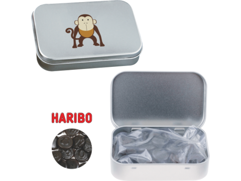 Silver tin with Haribo liquorice coins
