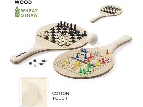 Beach rackets with chess, checkers and parcheesi board