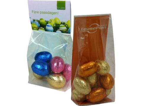 Small bag with cup card filled with chocolate eggs