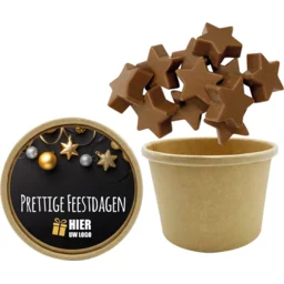 Bio Snoepbeker met Melkchocolade Sterretjes – 150 gram, inclusief dekselsticker bedrukken