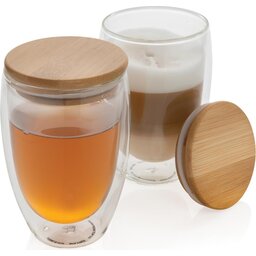 Dubbelwandig borosilicaatglas met bamboe deksel 350ml-voorbeeld