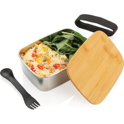 Roestvrijstalen lunchbox met bamboe deksel en spork-open