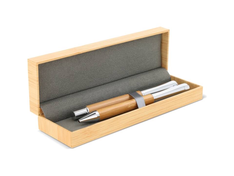 Ensemble stylo à bille et roller en métal bambou dans une boîte cadeau 3