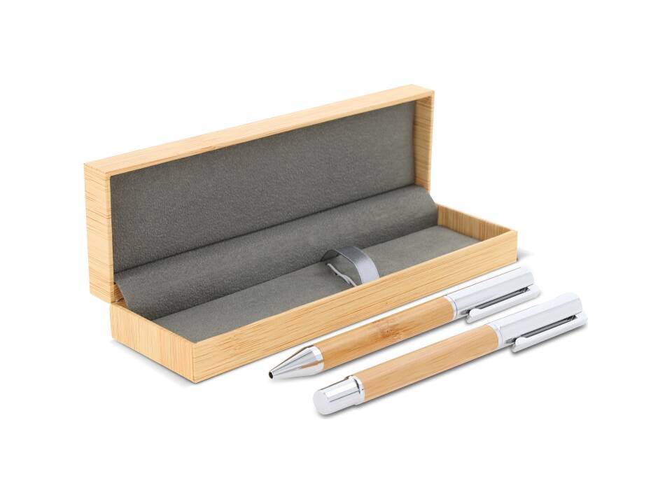 Ensemble stylo à bille et roller en métal bambou dans une boîte cadeau 1