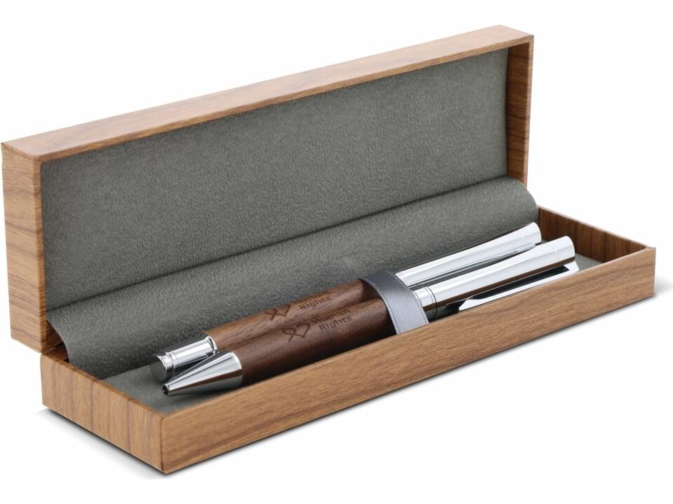 Ensemble stylo à bille et roller en métal bois de noyer dans une boîte cadeau
