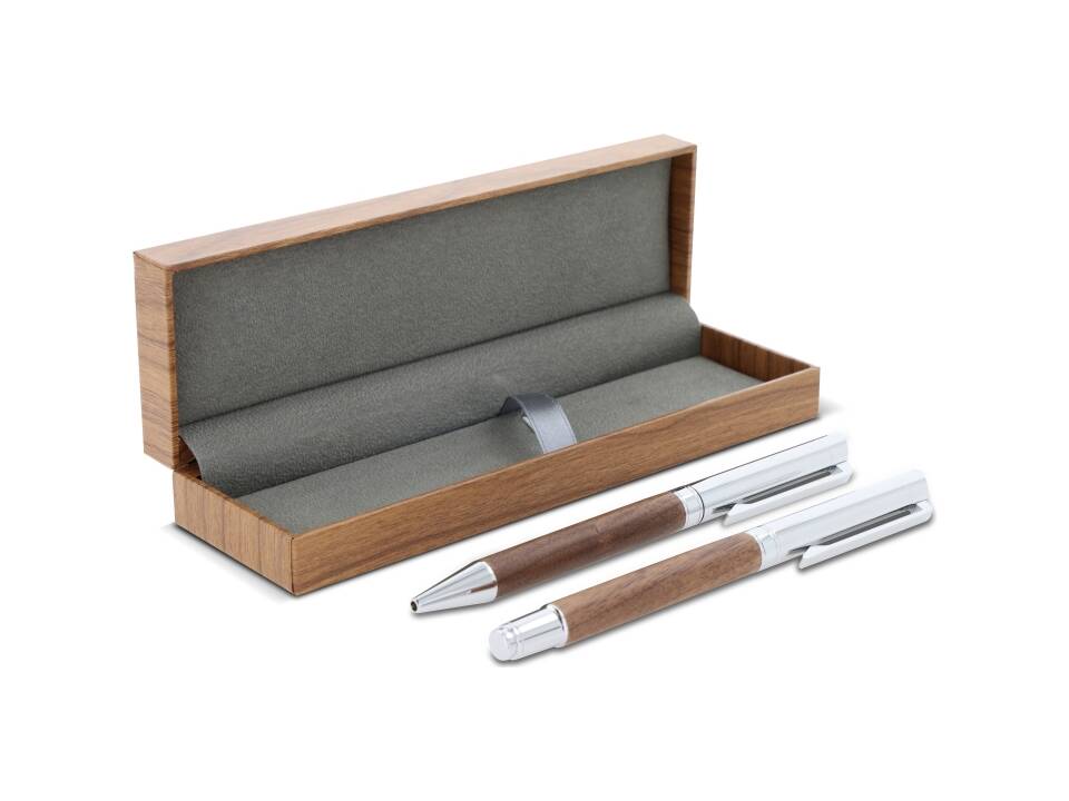 Ensemble stylo à bille et roller en métal bois de noyer dans une boîte cadeau 1