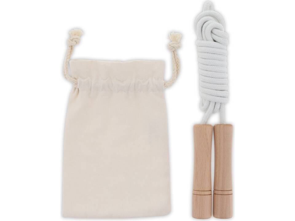 Corde à sauter avec poignées en bois dans une pochette en coton 1