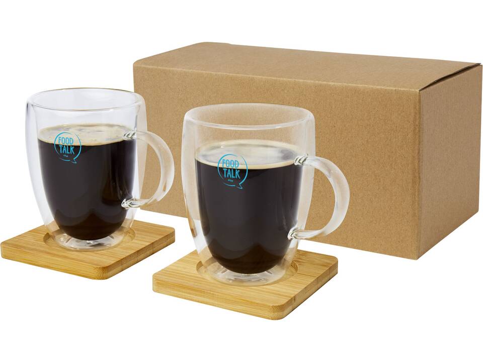 Tasse 2 pièces Manti de 350 ml à double paroi en verre avec sous-verre en bambou 1