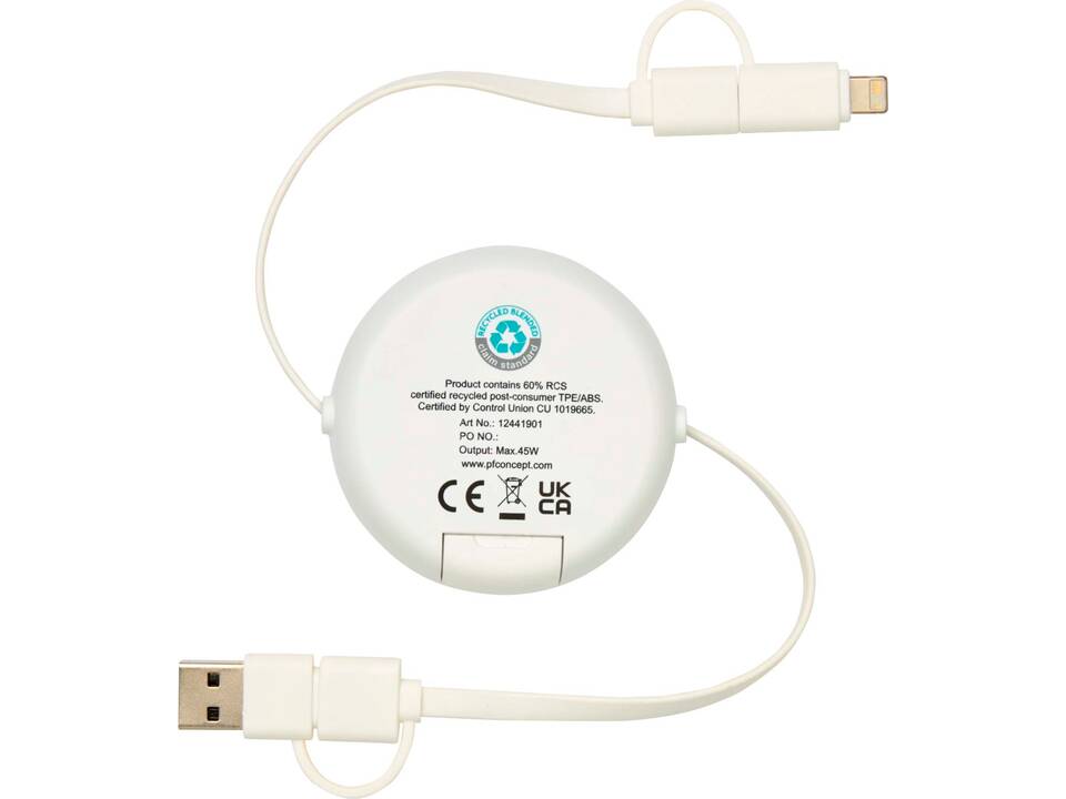 Câble rétractable 5 en 1 Chechia de 100 cm en plastique recyclé pour la synchronisation des données et la charge rapide de 45 W 5