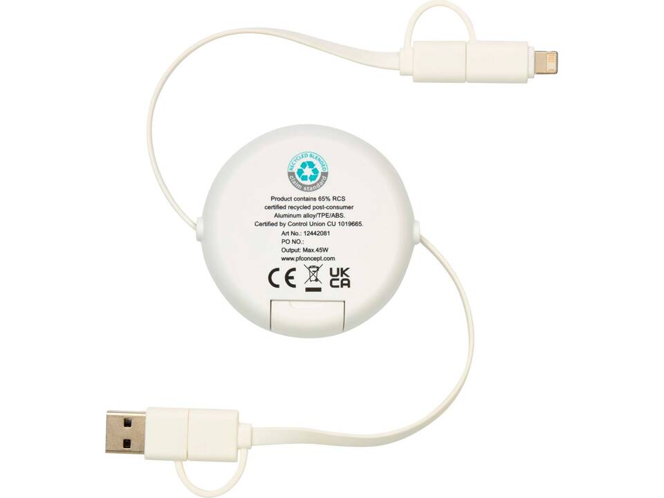 Câble rétractable 5 en 1 Alasia de 100 cm en plastique recyclé et aluminium pour la synchronisation des données et la charge rapide de 45 W 18