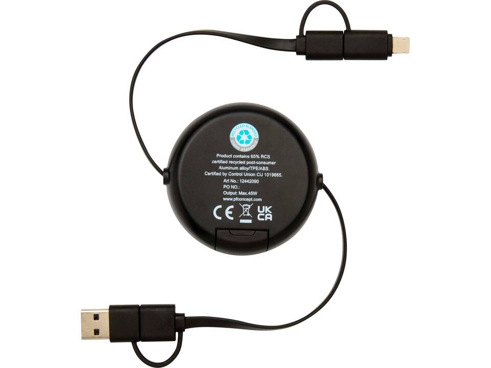 Câble rétractable 5 en 1 Alasia de 100 cm en plastique recyclé et aluminium pour la synchronisation des données et la charge rapide de 45 W 25